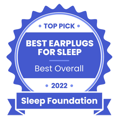 Blue badge labeled for ZQuiet "Top Pick Sleep Foundation, Best Earplugs for Sleep, Best Overall 2022."