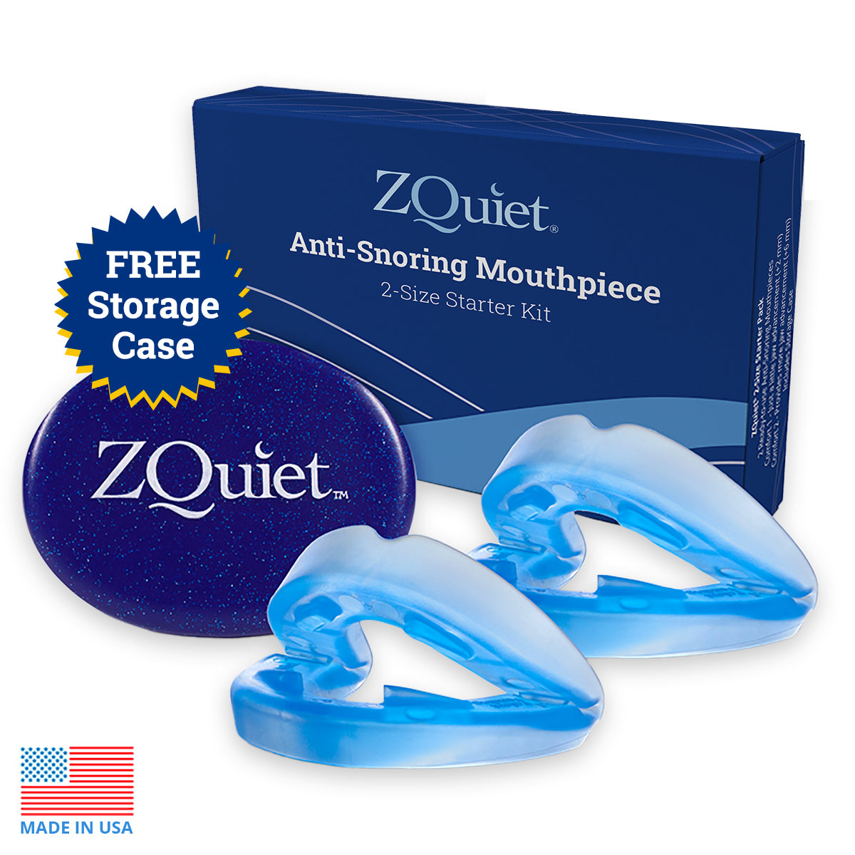 Image of ZQuiet's Anti-Snoring Mouthpiece Starter Set with product box and free storage case call out.