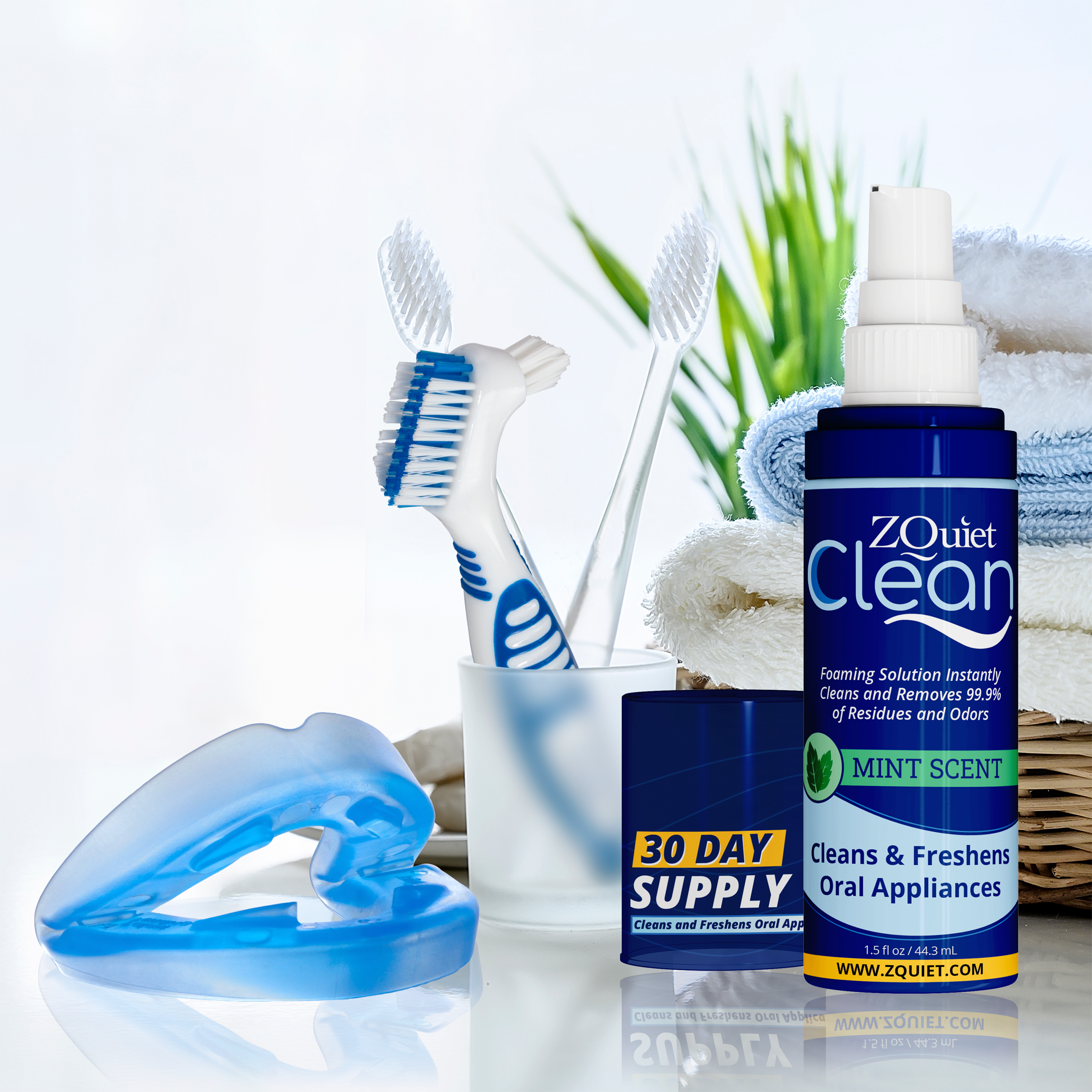 ZQuiet mouthpiece, cleaner, and appliance brush in a bright bathroom setting