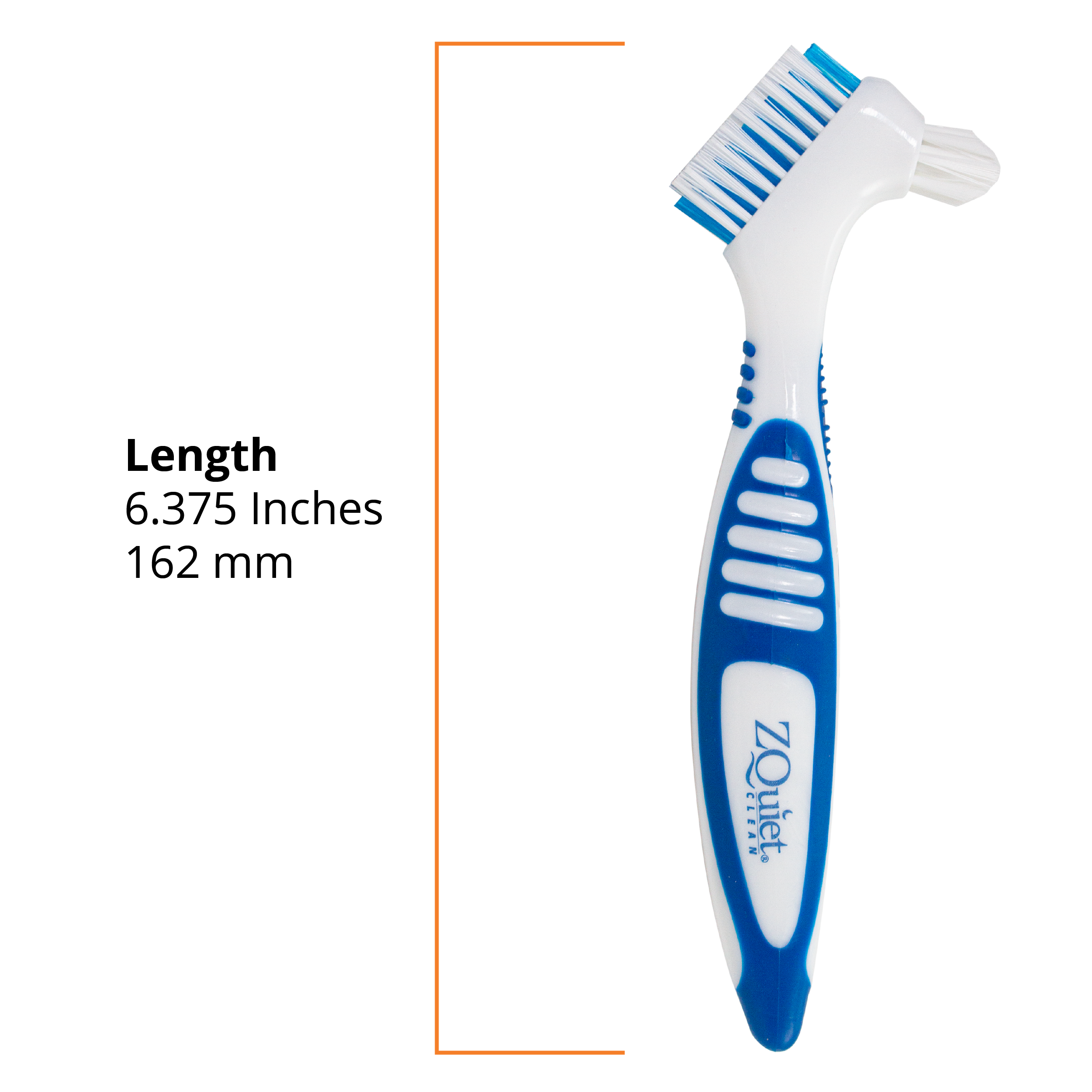 close up of ZQuiet appliance brush with overall length measuring 6.375 inches