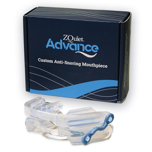 Close up view of the ZQuiet Advance mouthpiece shown with its packaging.