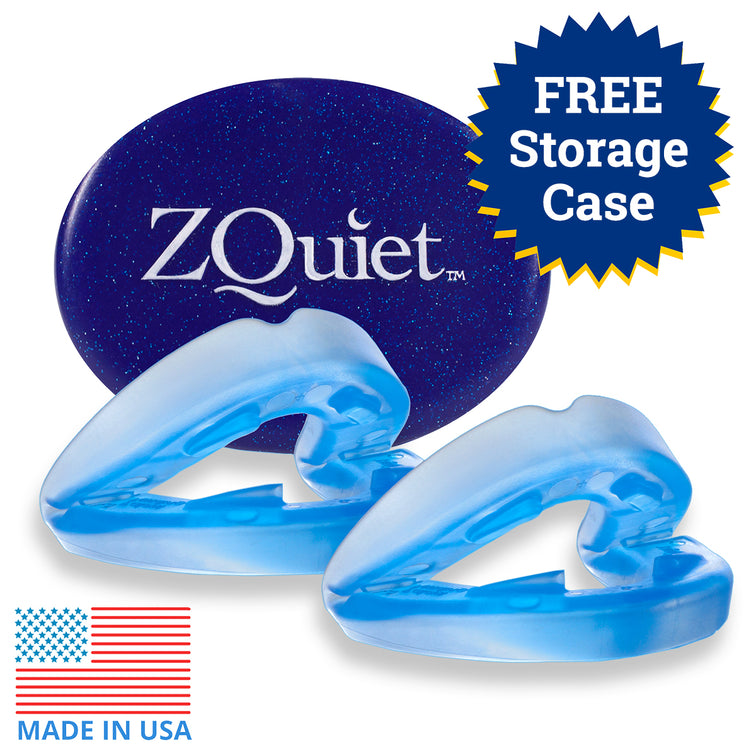 Image of ZQuiet's Anti-Snoring Mouthpiece Starter Set with free storage case call out.