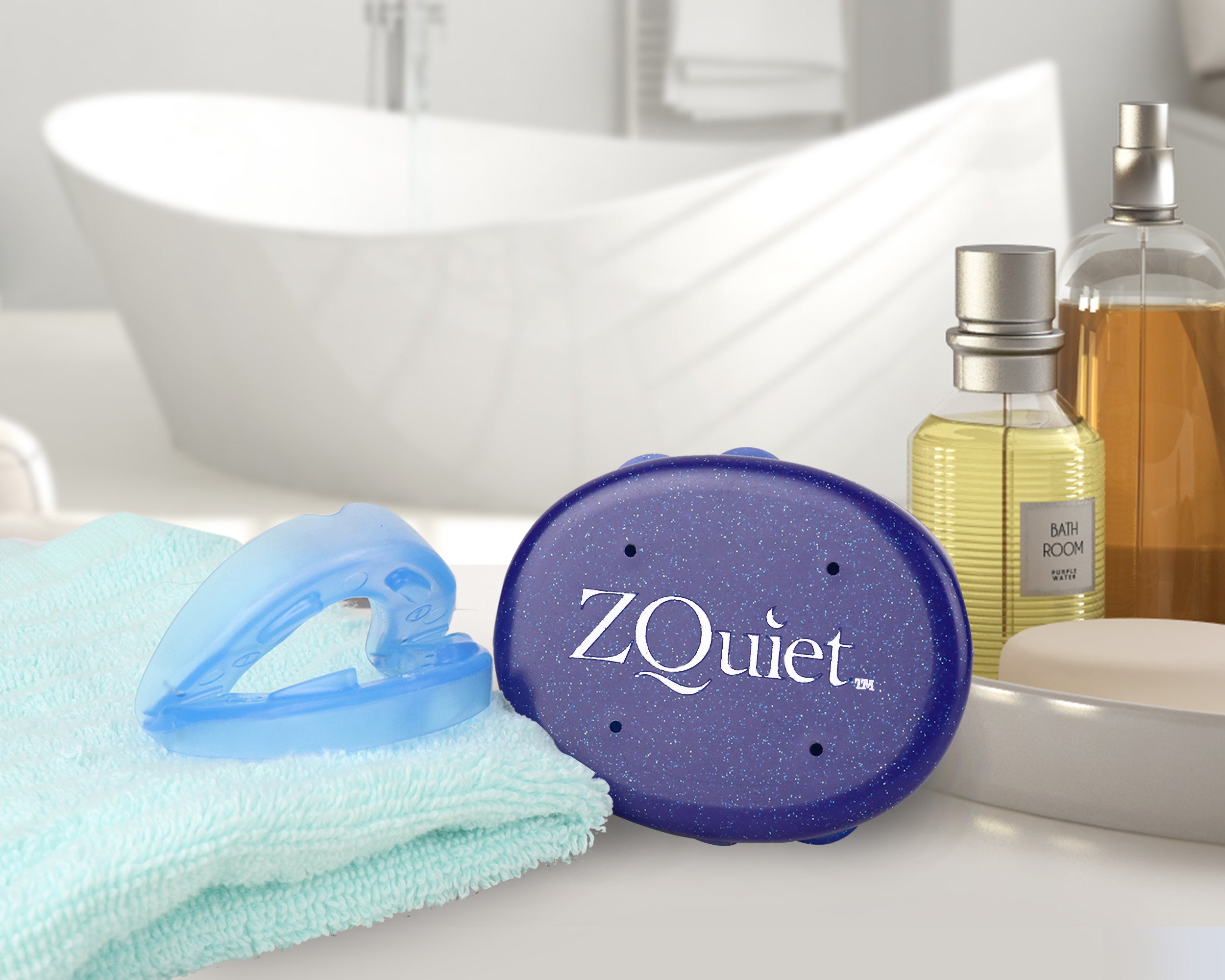 ZQuiet mouthpiece and standard storage case in bathroom setting