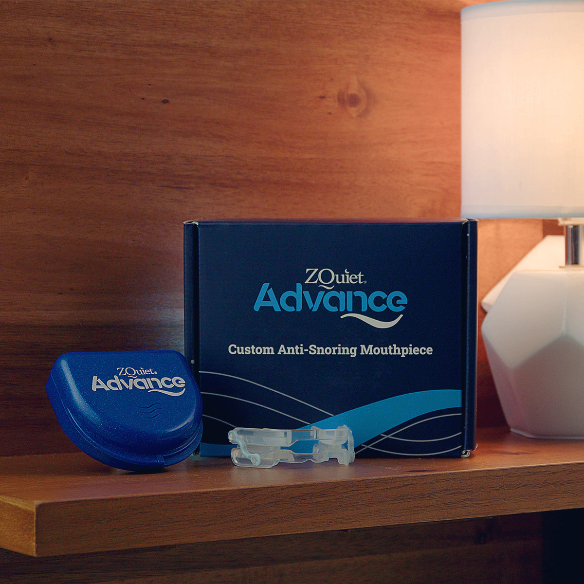  ZQuiet Advance Mouthpiece and case on beside table