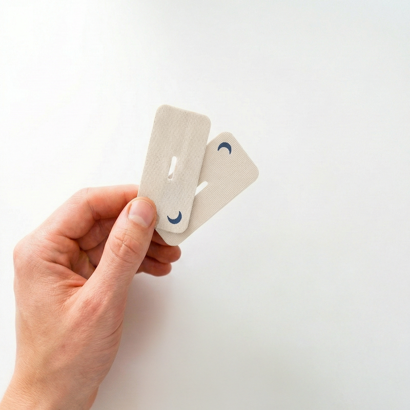 Hand holding 2 mouth tape strips