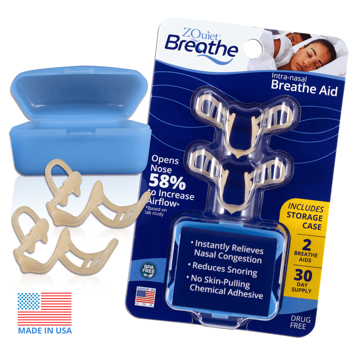 ZQuiet breathe aid complete product image with made in usa logo