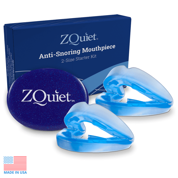 Image showing ZQuiet anti-snoring mouthpiece starter pack with made in USA flag